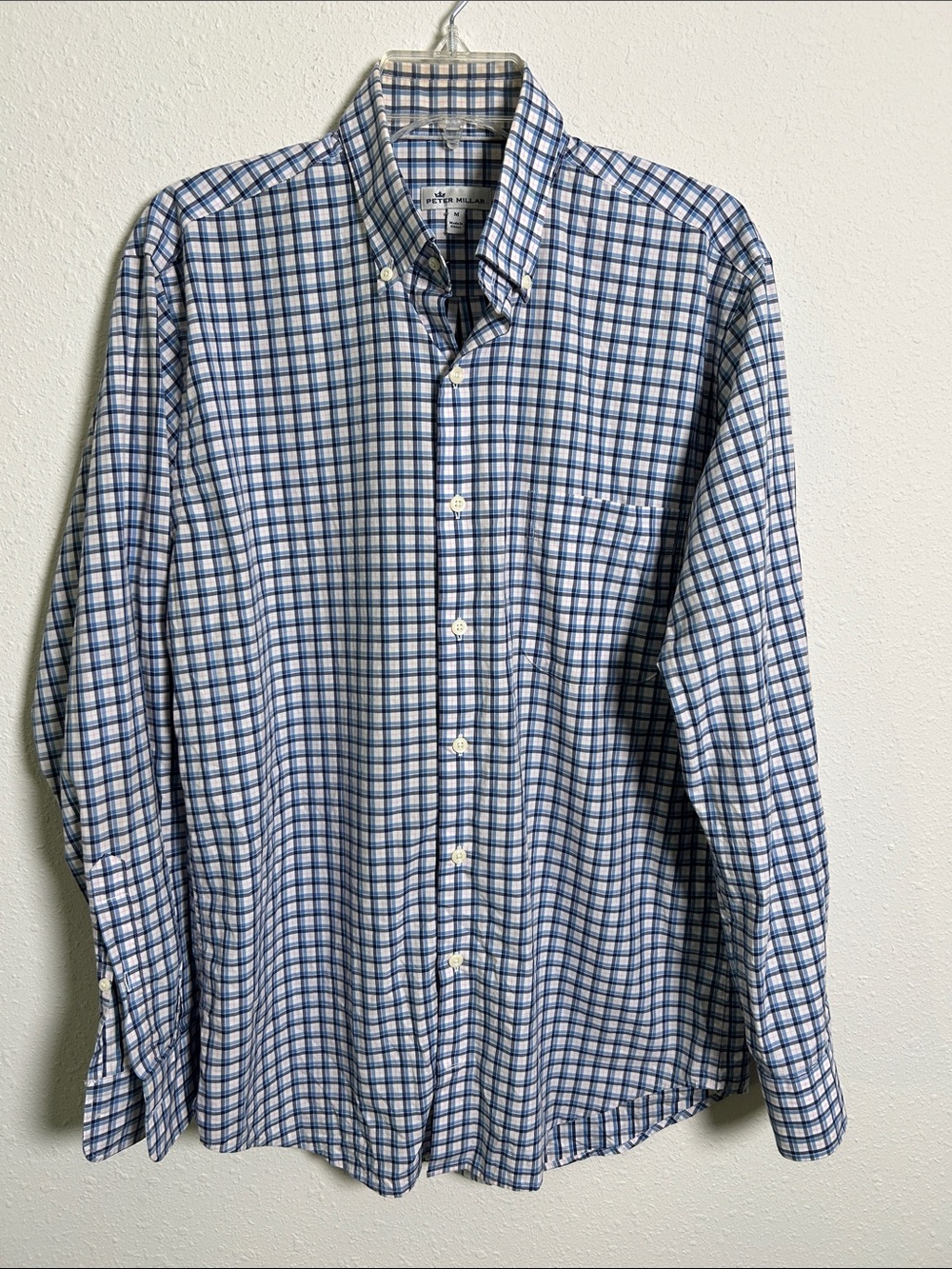 Peter Millar Long Sleeve White/light blue/dark blue plaid button down Men’s Med